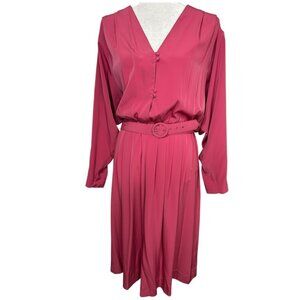 Vintage 80s Willi Of California Pink V-Neck Long Sleeve Dress & Belt - Size 18